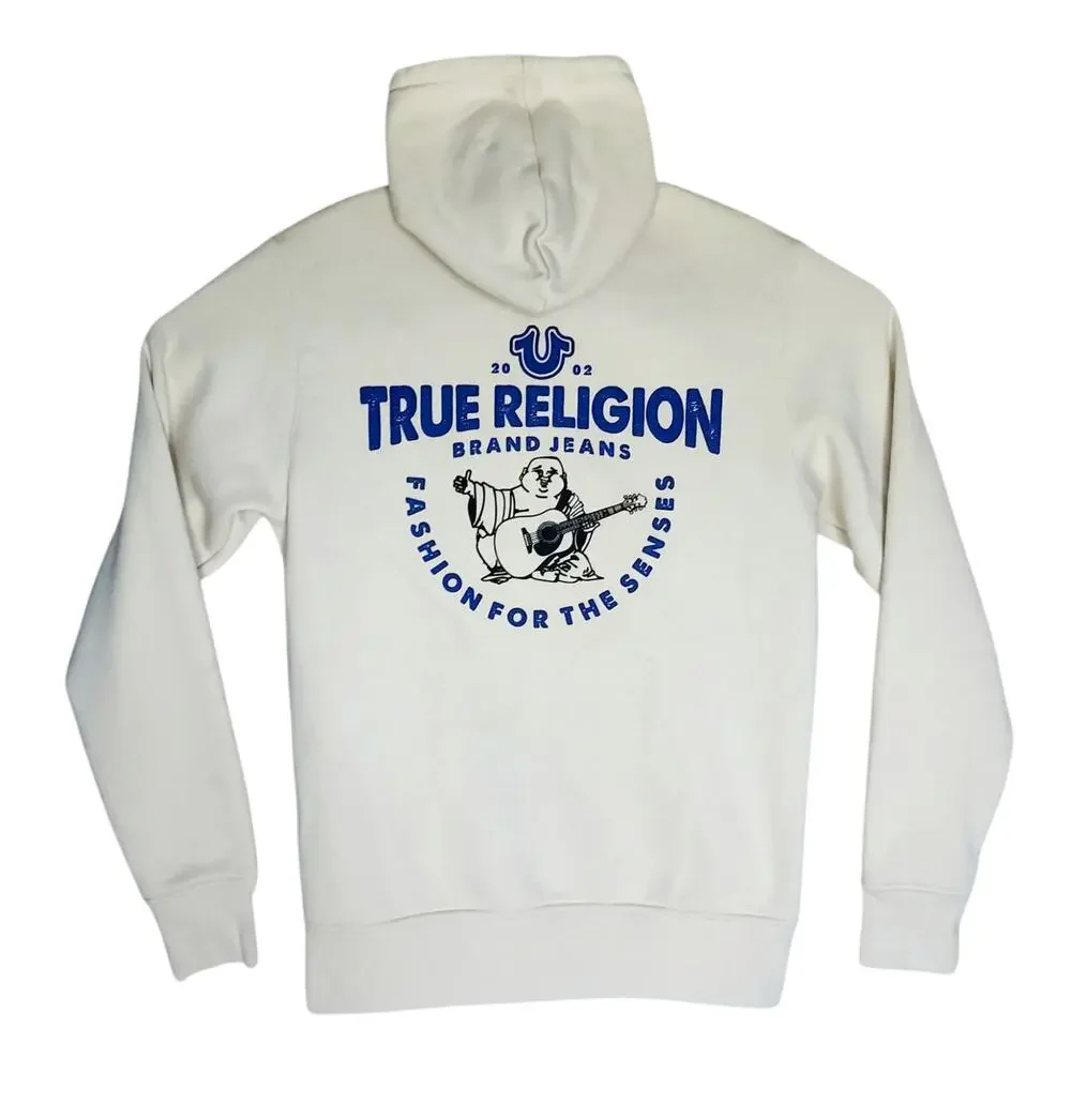 True Religion Men's Guitar Buddha Logo Fleece Full Zip Hoodie Cream Blue Size S